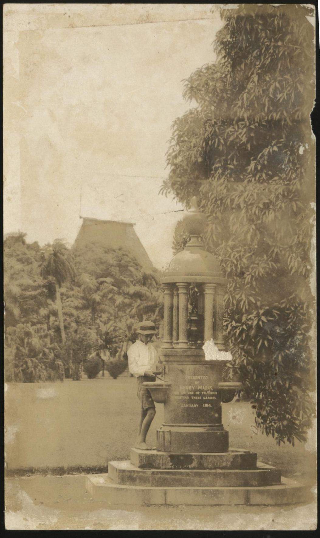 "Drinking fountain with the inscription Presented by Henry Marks for the use of the public visiting these gardens January 1914" Source: Fiji Museum Facebook page